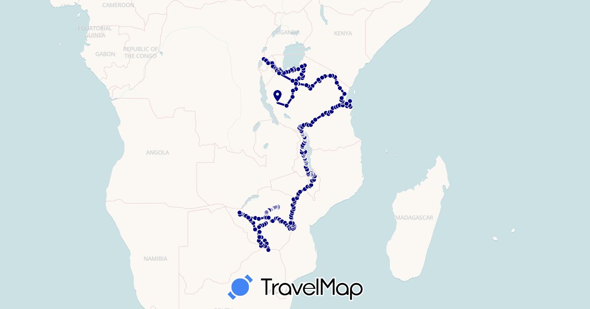 TravelMap itinerary: driving in Malawi, Mozambique, Rwanda, Tanzania, South Africa, Zimbabwe (Africa)